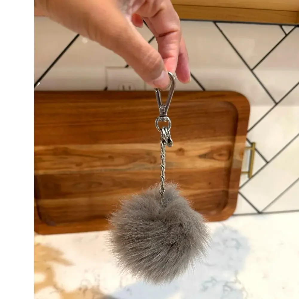 Michael Kors Large Fur Pom Pom Bag Charm keychain neutral glam silver tone